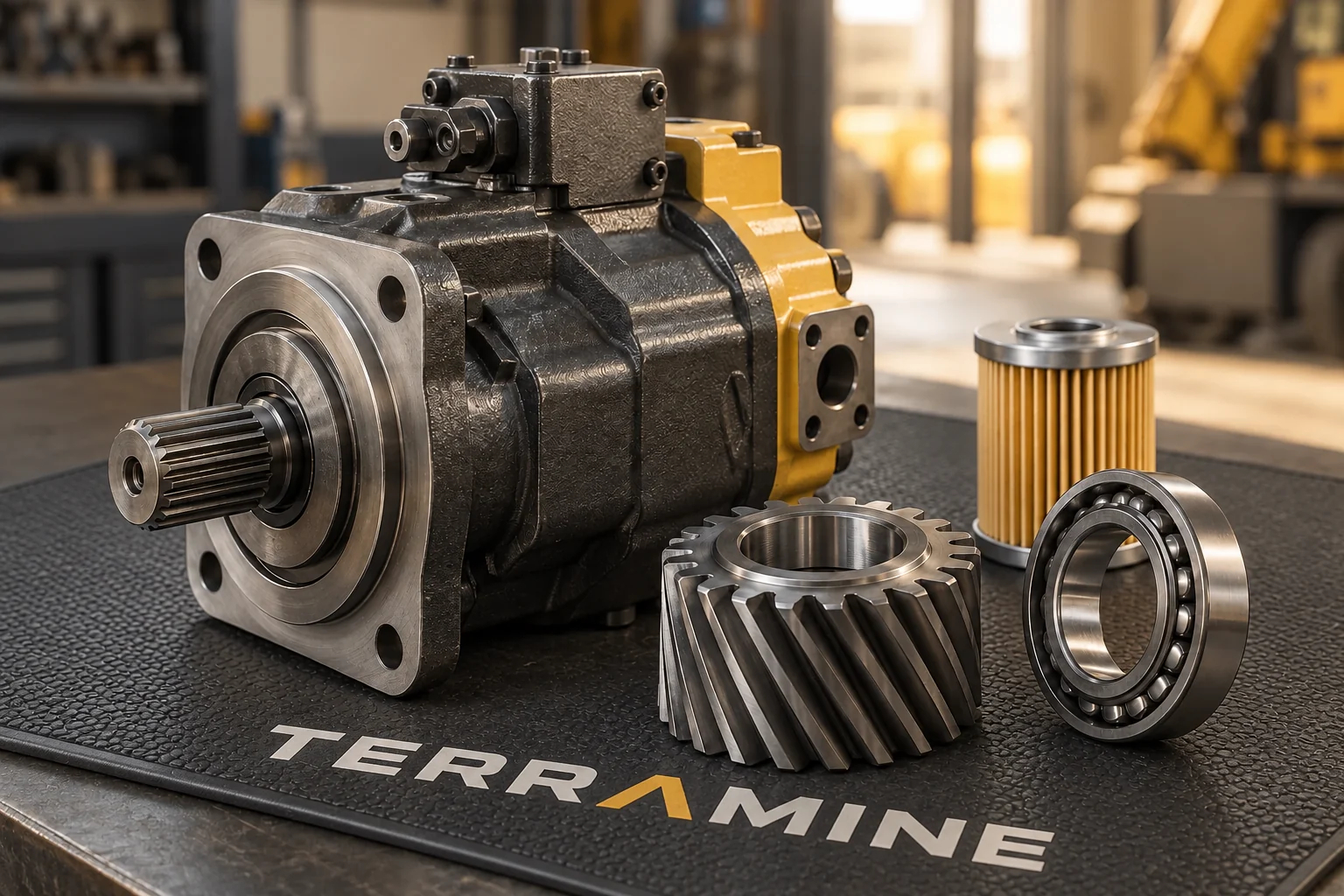 Illustrative AI image of hydraulic components and spare parts on a Terramine-branded workshop mat
